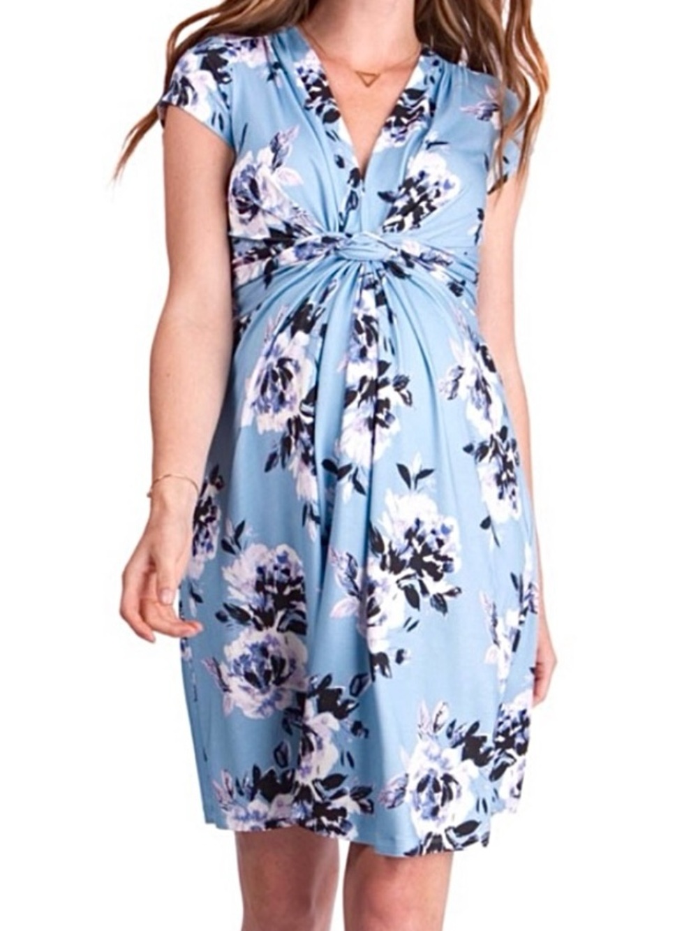Seraphine • 4 • Knot Twist Front V Neck Cap Sleeve Short Maternity Dress Floral